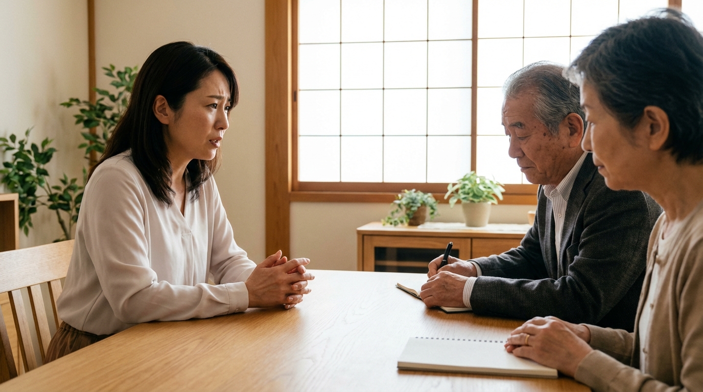 家庭裁判所の調停室で、調停委員に相談している女性。相手と顔を合わせずに話し合いができる調停の様子を表現している。
