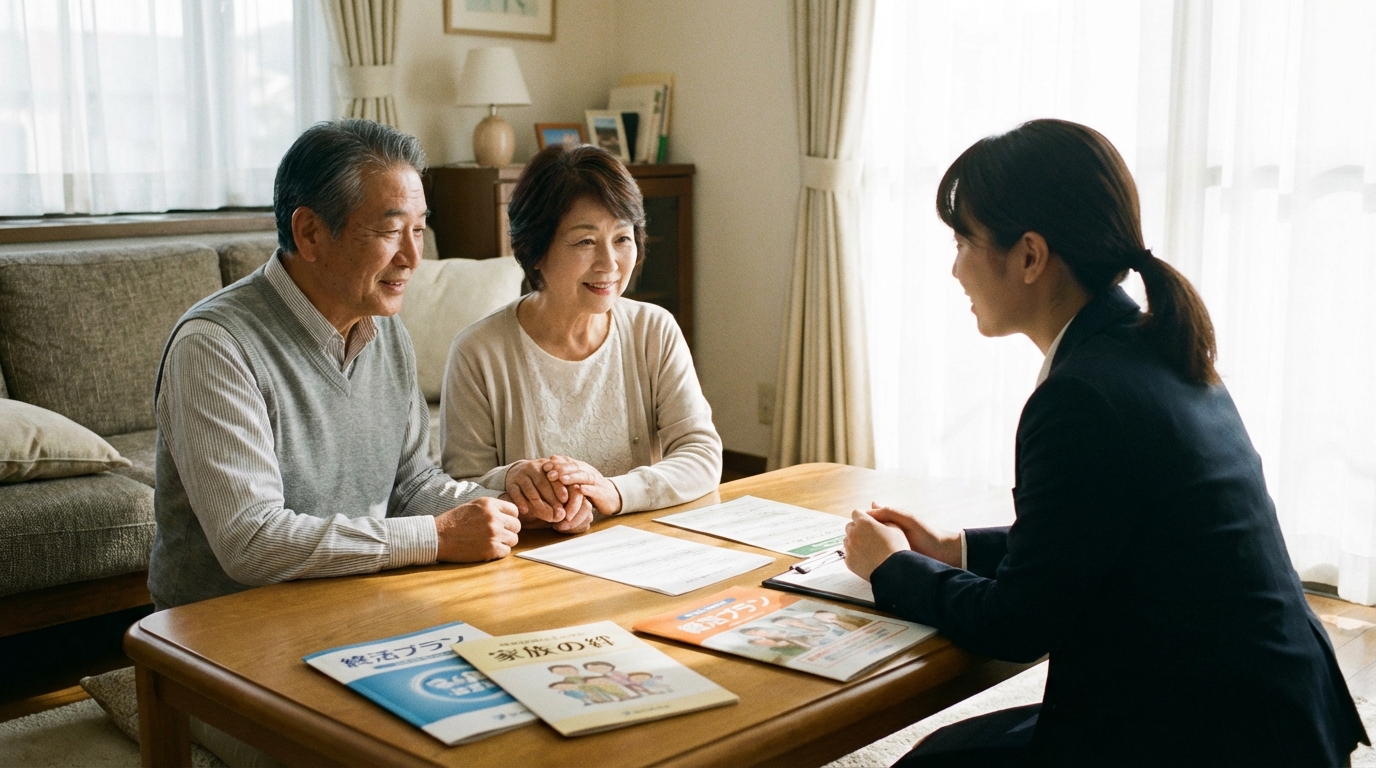 終活の一環として生命保険の活用について司法書士に相談している夫婦の様子。