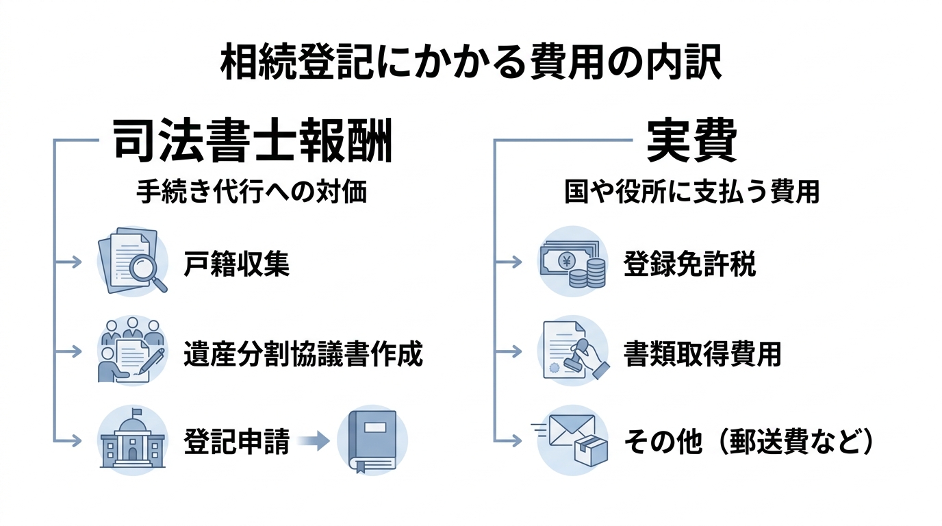 相続登記の費用内訳を示す図解。「司法書士報酬」と「実費」の2つに分かれ、それぞれに含まれる具体的な項目がリストアップされている。