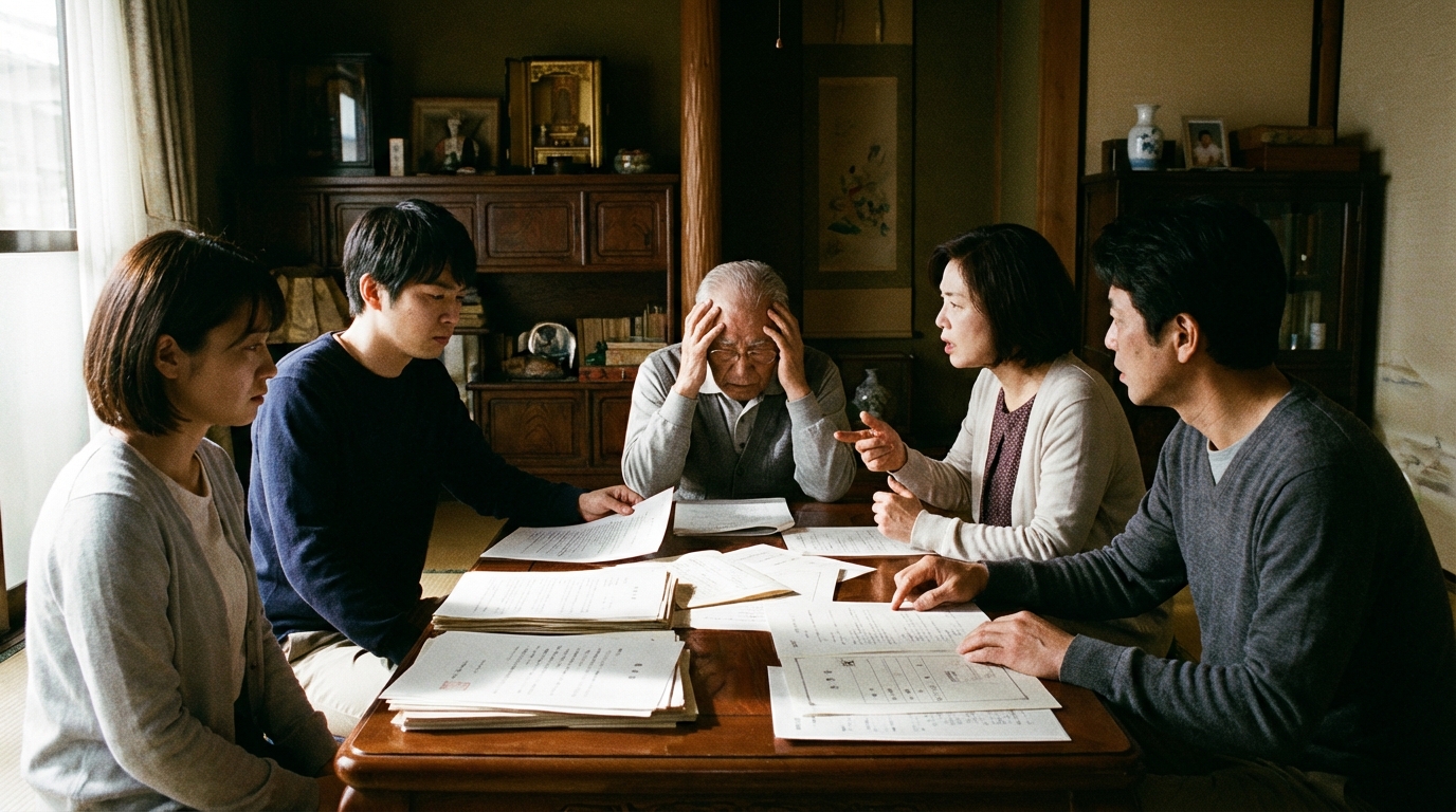 生命保険の受取人指定を誤ったことでトラブルになっている家族のイメージ。