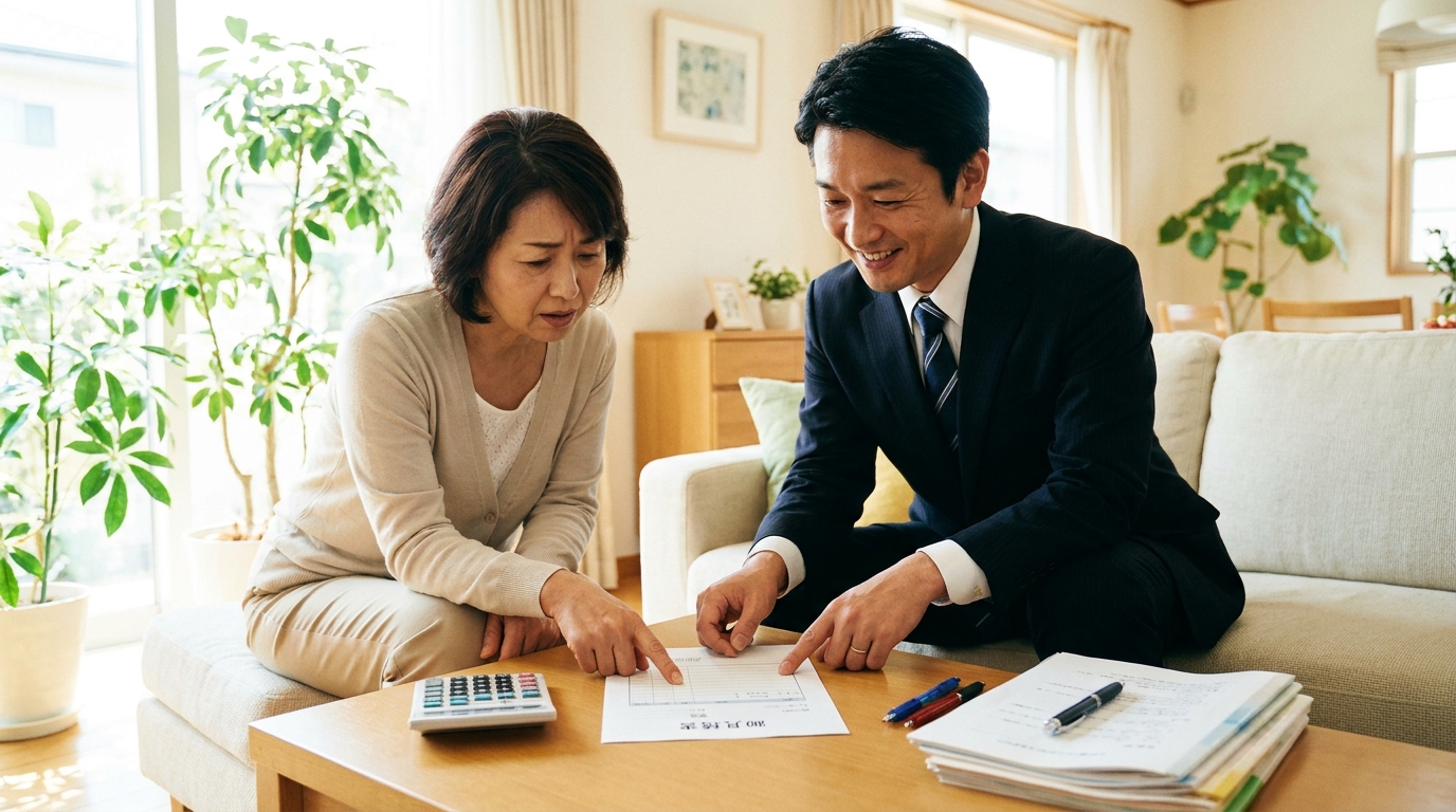 自宅で司法書士に費用の相談をする女性。見積書の内容について丁寧な説明を受け、不安が解消されつつある様子。