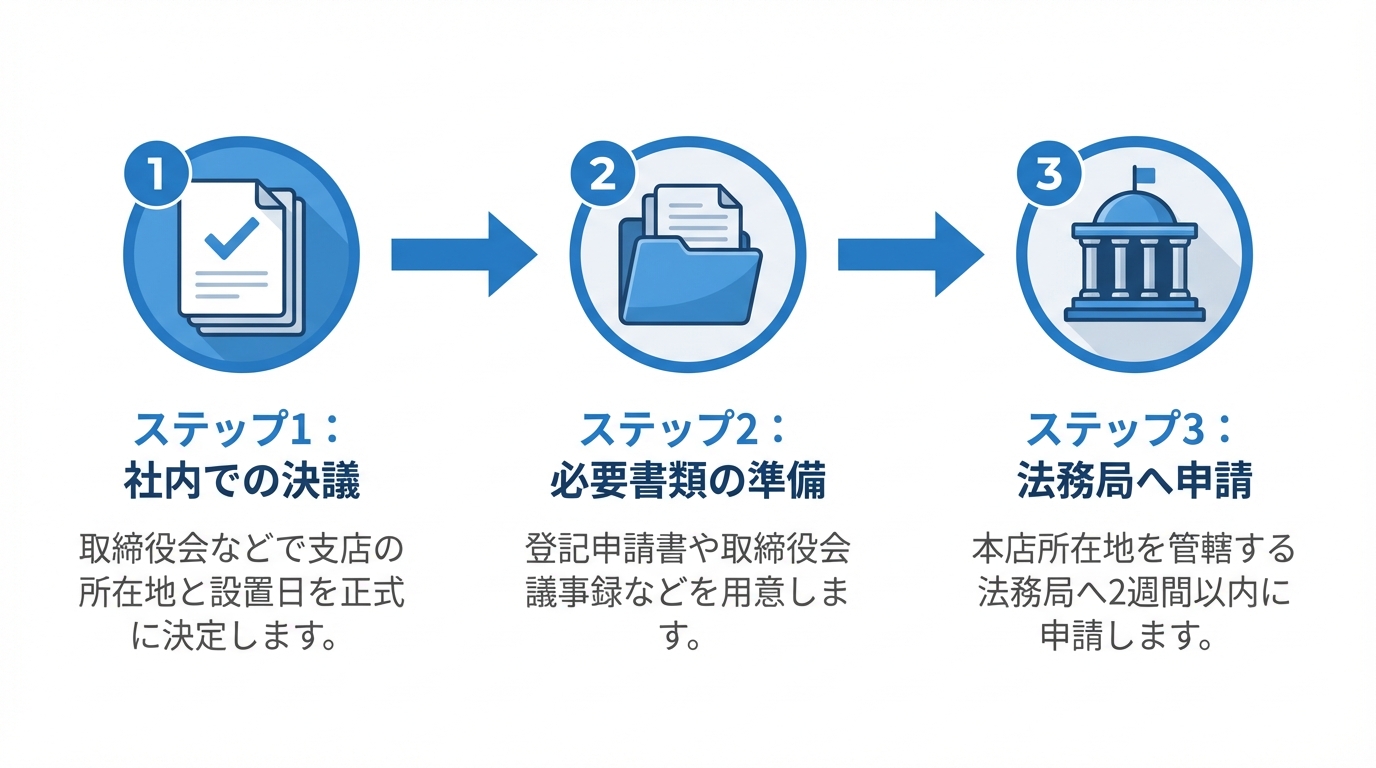 支店設置登記の具体的な手続きの流れを示す図解。ステップ1「社内での決議」、ステップ2「必要書類の準備」、ステップ3「法務局へ申請」という3つの手順が順番に示されている。