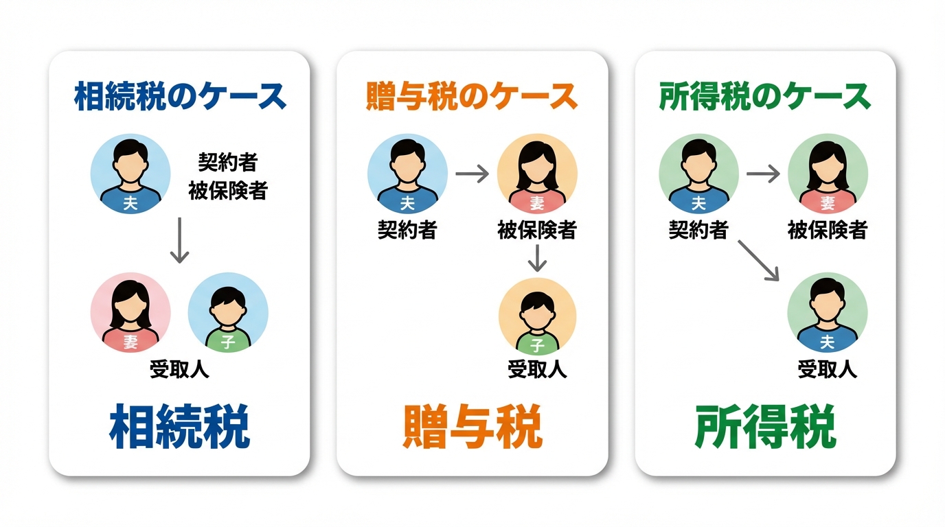 生命保険の契約者・被保険者・受取人の関係によって、かかる税金が相続税・贈与税・所得税のいずれに変わるかを示した図解。