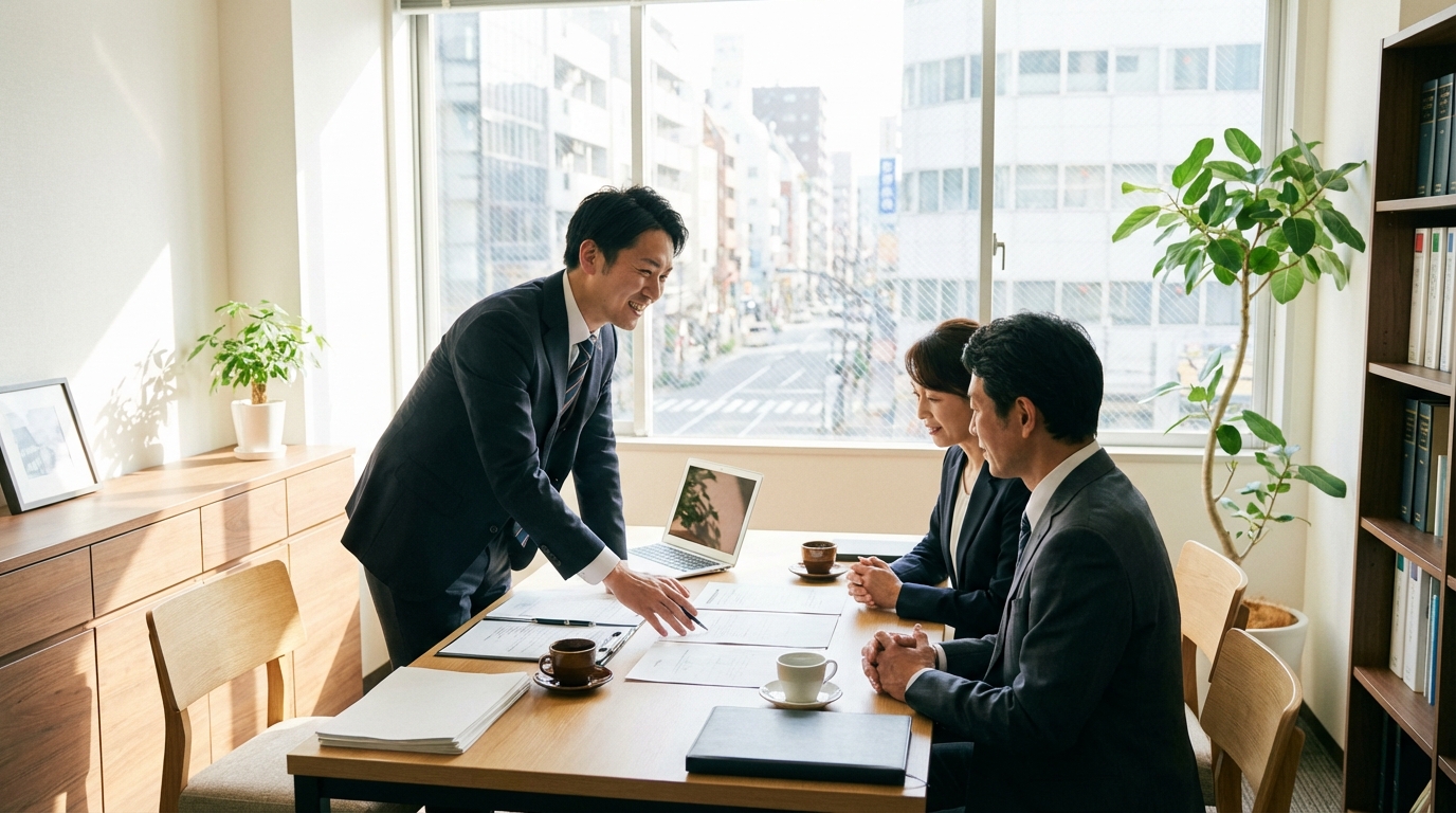 司法書士がクライアントに支店登記について説明している相談風景。専門家に依頼することで安心して手続きを進められることを示唆している。