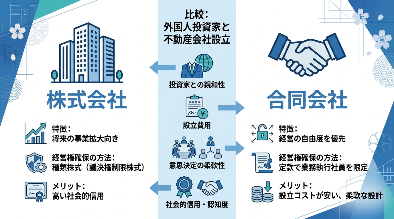 外国人投資家との不動産会社設立における株式会社と合同会社の比較図。株式会社は事業拡大向き、合同会社は経営の自由度が高いことを示している。