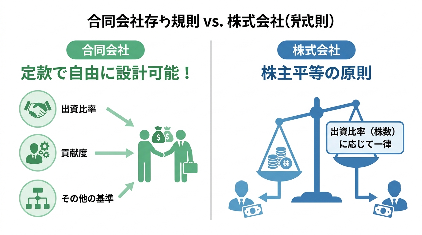 合同会社と株式会社の利益配当ルールの違いを比較する図解。合同会社は定款で自由に決められるのに対し、株式会社は出資比率に応じて一律であることが示されている。