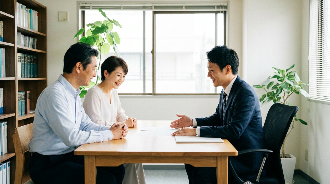司法書士に相談し、問題解決の糸口が見えて安堵する夫婦の様子。