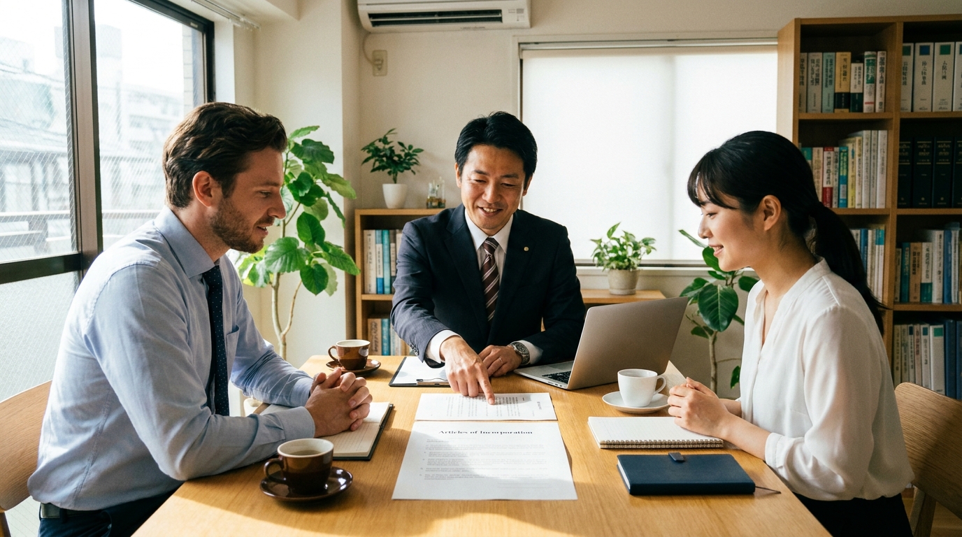 司法書士が外国人投資家との会社設立について相談に乗っている様子。専門家によるサポートの重要性を示している。