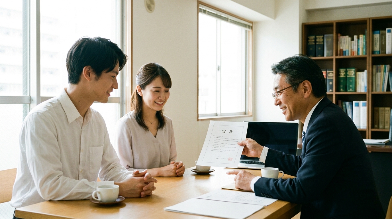 司法書士が合同会社の定款について相談に乗っている様子。経営者が専門家のアドバイスに安心している。