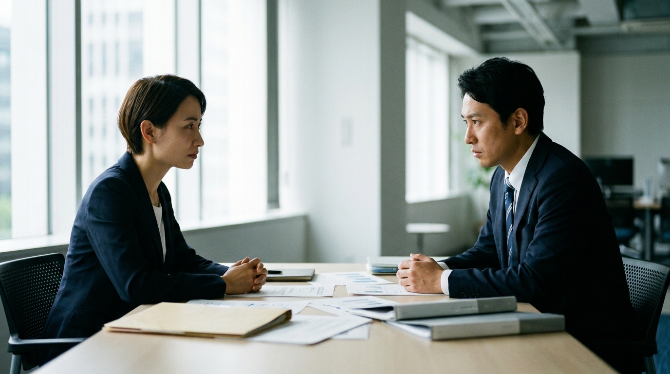 会議室で深刻な表情で対立する2人のビジネスパートナー。利益配当をめぐるトラブルを象徴している。