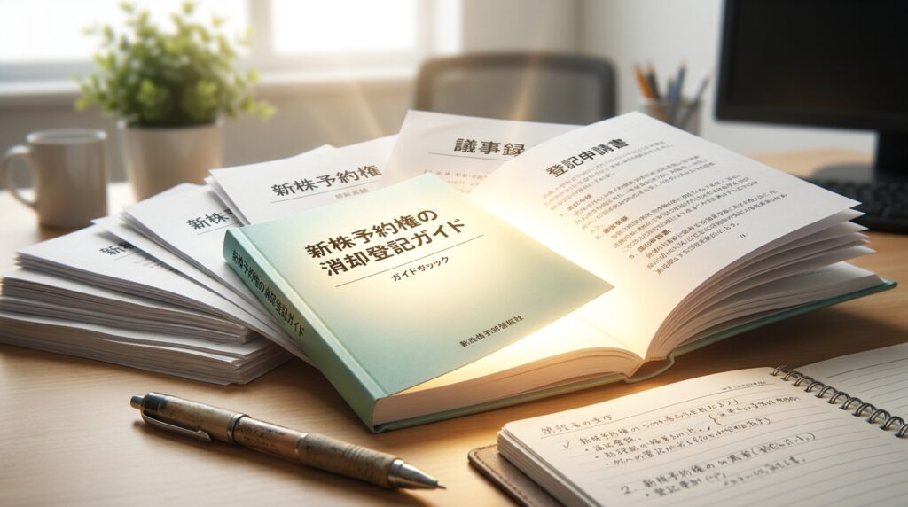 Open Japanese document on a desk with a stack of papers, a pen, notebook, mug, and a plant, computer screen in soft focus in the background.
