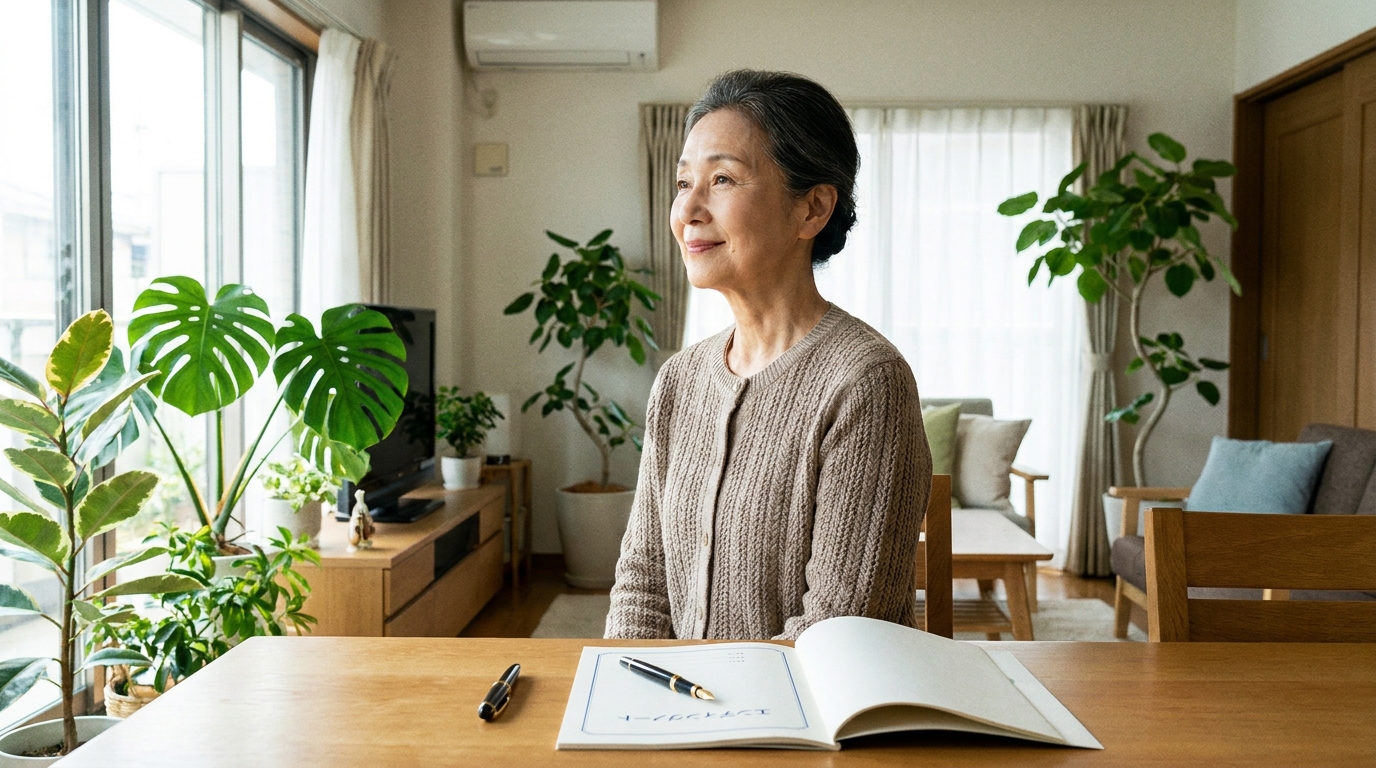 エンディングノートを前に、窓の外を眺めながら自身の将来について静かに考える女性。