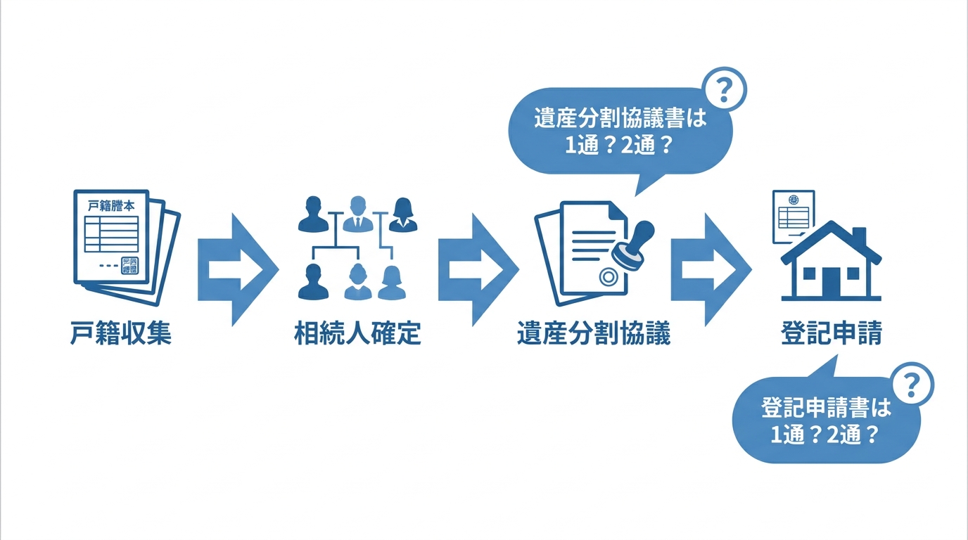 数次相続の手続きの流れを示す図解。戸籍収集、相続人確定、遺産分割協議、登記申請の4ステップと、協議書・申請書の通数が問題になるポイントを解説。