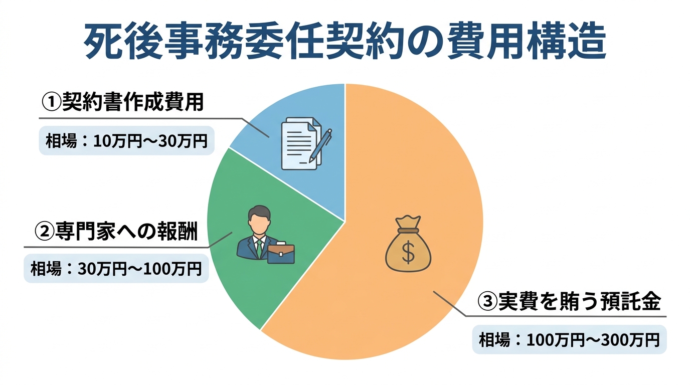 死後事務委任契約の費用内訳を示す円グラフ。契約書作成費用、専門家への報酬、実費を賄う預託金の3つの要素とそれぞれの相場が記載されている。