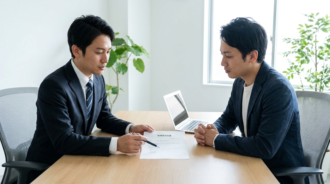 司法書士が取締役会非設置会社の経営者に、新株予約権消却に必要な取締役決定書の作成ポイントを説明している相談風景。