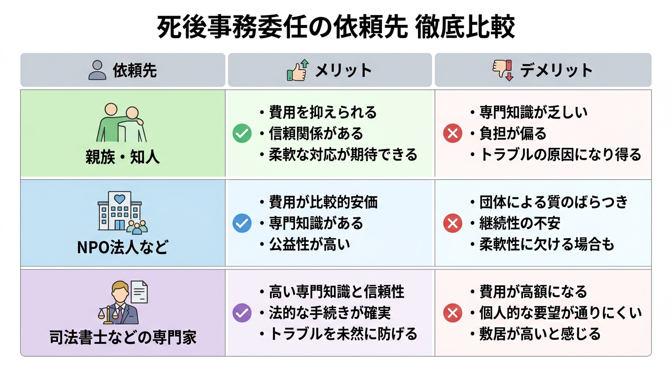 死後事務委任契約の依頼先である「親族・知人」「NPO法人」「司法書士などの専門家」の3者を、メリット・デメリットで比較した表。