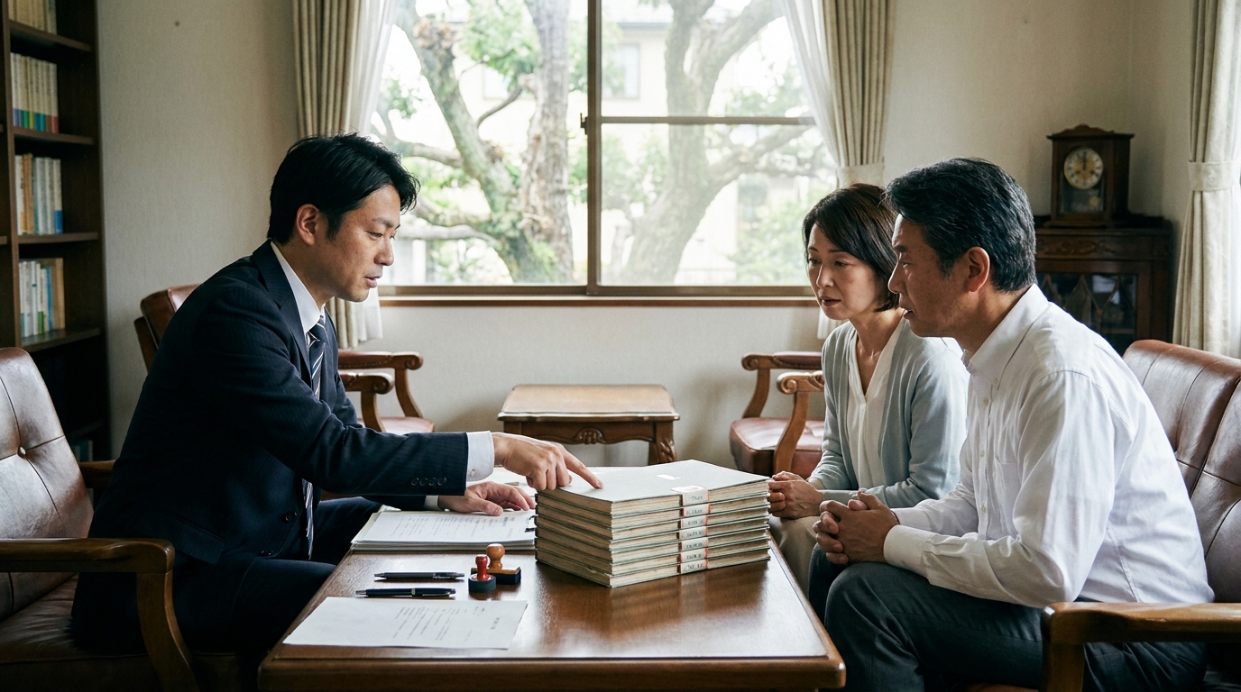 司法書士が数次相続で必要となる大量の戸籍謄本について相談者に説明している様子。