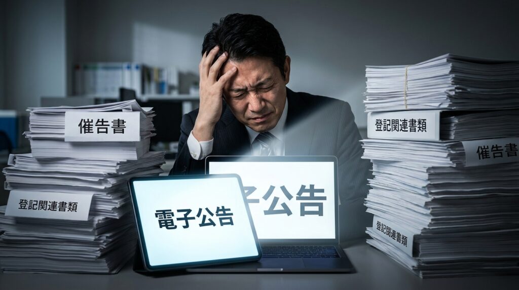 Overwhelmed businessman sits at a desk surrounded by tall stacks of documents, with laptops showing Japanese terms for electronic notices and announcements.