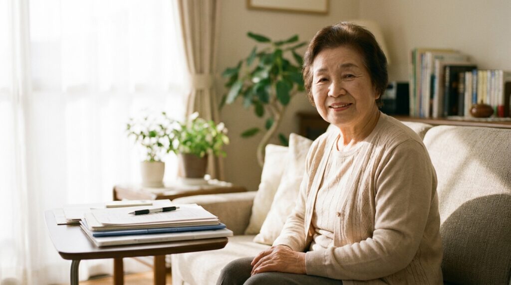 Smiling elderly woman seated on a beige sofa in a bright living room with a coffee table holding papers and a pen nearby.