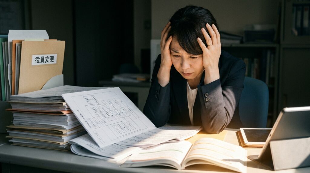 Overwhelmed woman in business attire sits at a cluttered desk, holding her head amid stacks of papers and folders