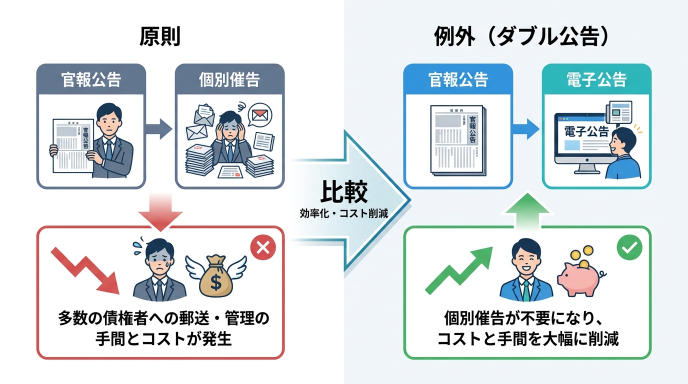 減資の債権者保護手続きの原則と例外を比較した図解。原則では官報公告と個別催告が必要だが、例外のダブル公告では官報公告と電子公告で個別催告を省略できる。