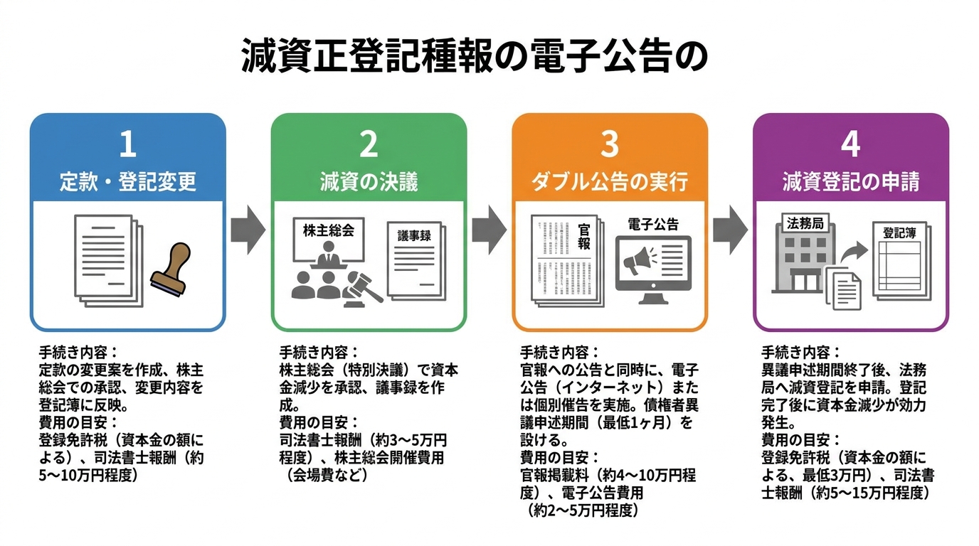 公告方法の変更から減資登記までの4ステップ。定款変更、減資決議、ダブル公告、減資登記申請という流れと、それぞれの費用が図解されている。