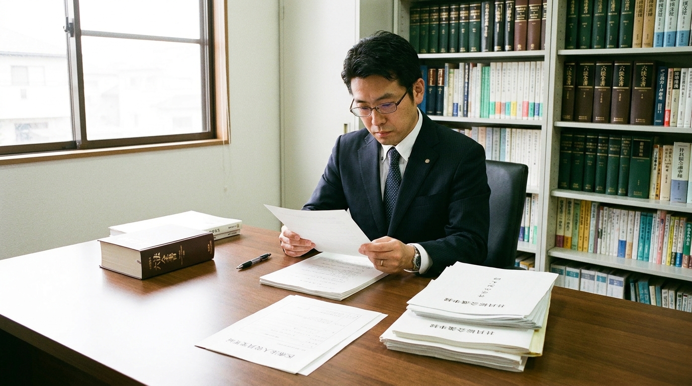 司法書士が医療法人の役員変更登記に必要な書類を真剣な表情で確認している。専門家としての信頼性が感じられる。