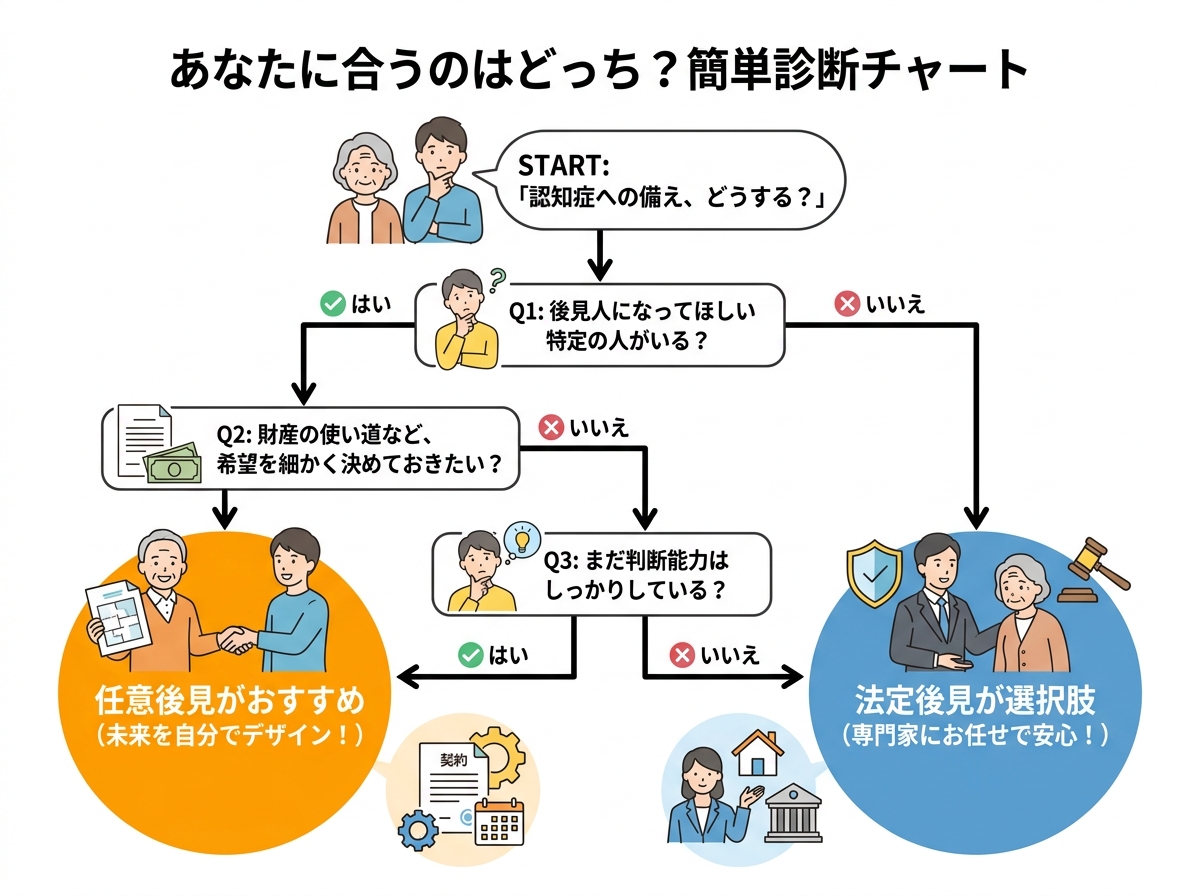 任意後見と法定後見のどちらが自分に合っているかを診断するフローチャート。「後見人にしたい人はいるか」などの質問に答えることで最適な選択肢がわかる。
