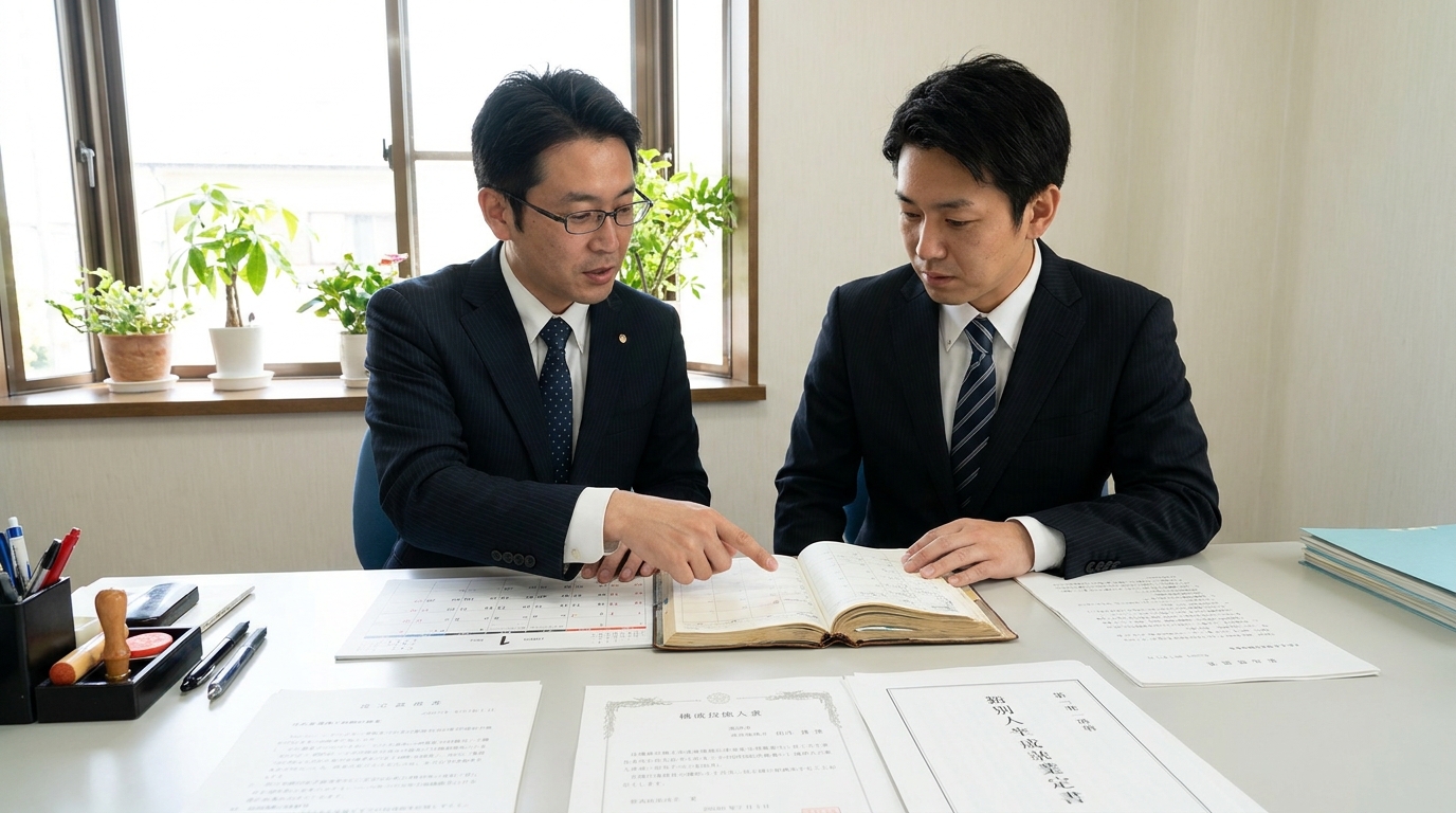 司法書士がクライアントに減資手続きのスケジュールを説明している様子。専門家への相談の重要性を示唆している。