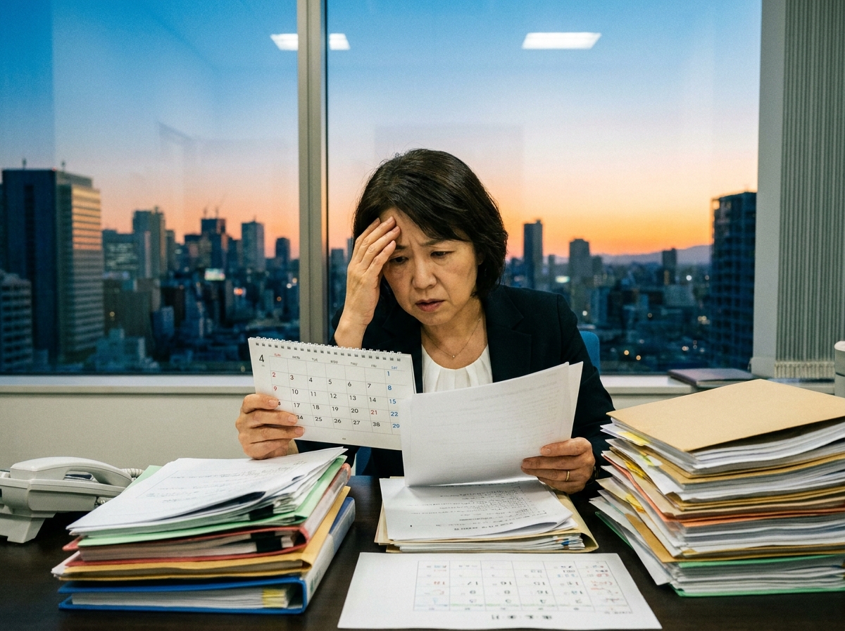 医療法人の事務長が、山積みの書類とカレンダーを前に、役員変更登記の期限に間に合うか不安そうな表情を浮かべている。