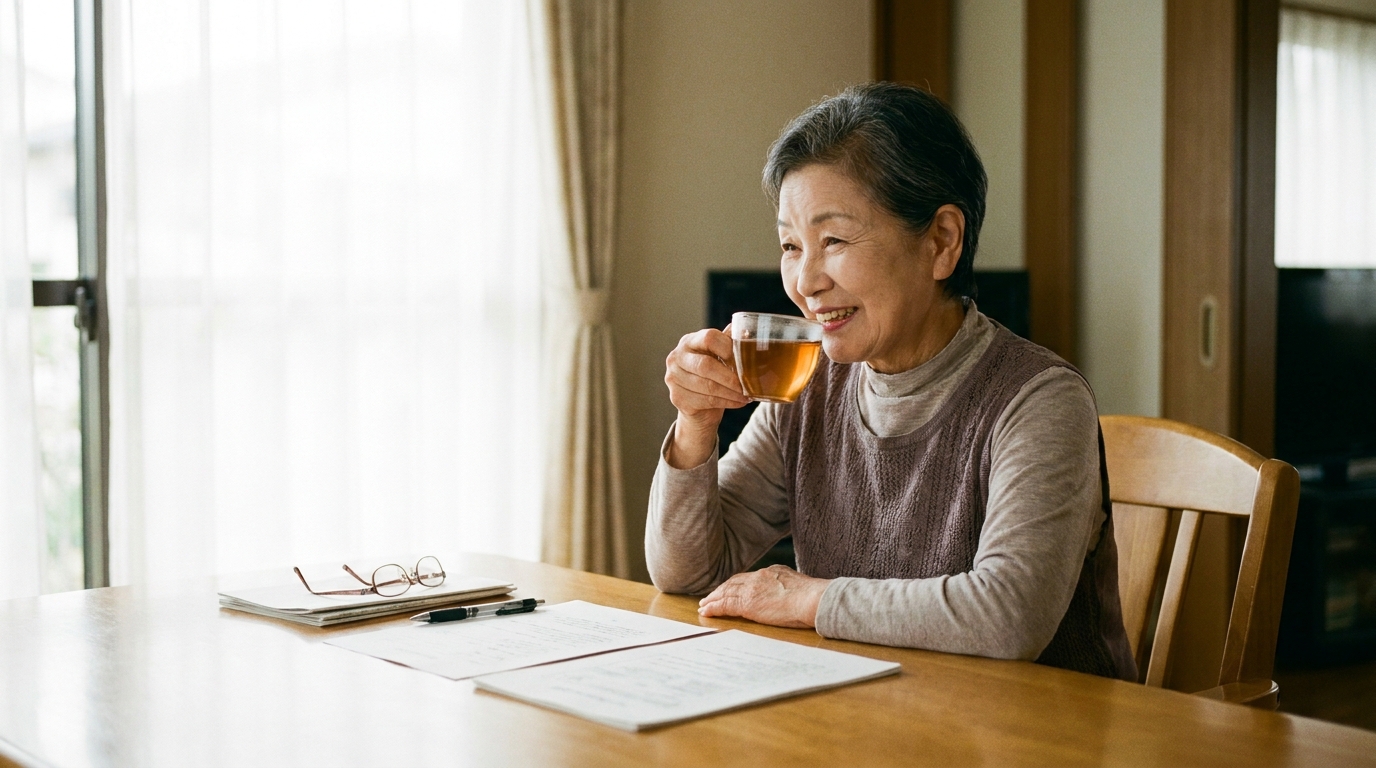 将来への準備を終え、自宅で安心した表情でお茶を飲む女性。お一人様の認知症対策が完了した安堵感を表現。