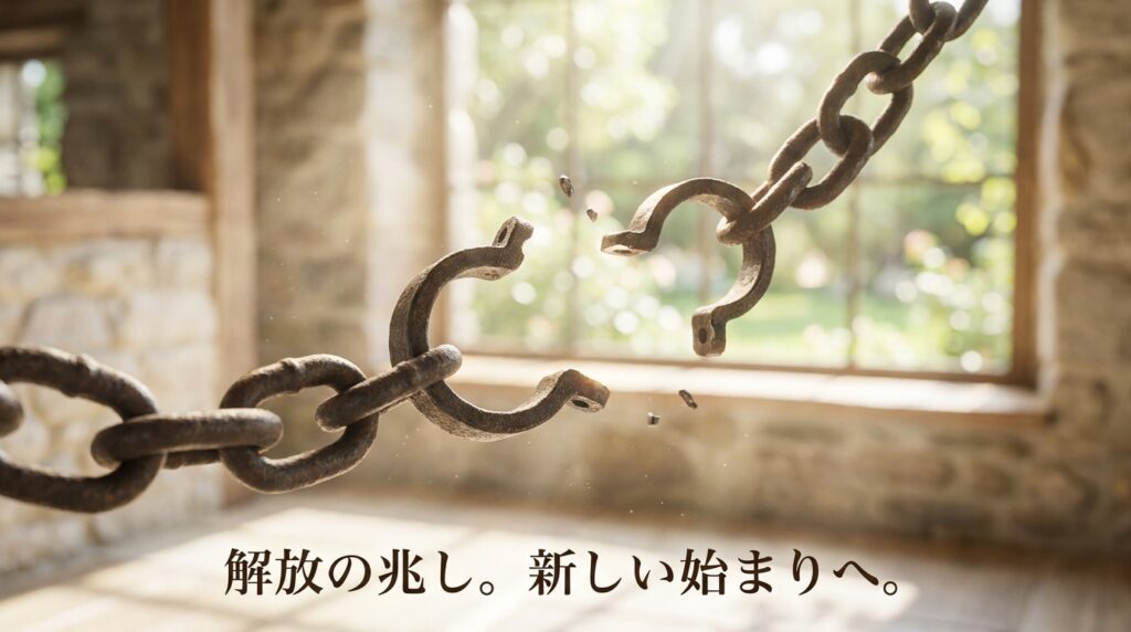 Rusty chain breaking apart in a sunlit rustic room; Japanese caption reads '解放の兆し。新しい始まりへ。' signaling liberation and new beginnings.