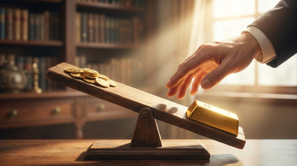 A hand adjusts a wooden balance scale with gold coins on the left pan and a gold bar on the right pan.