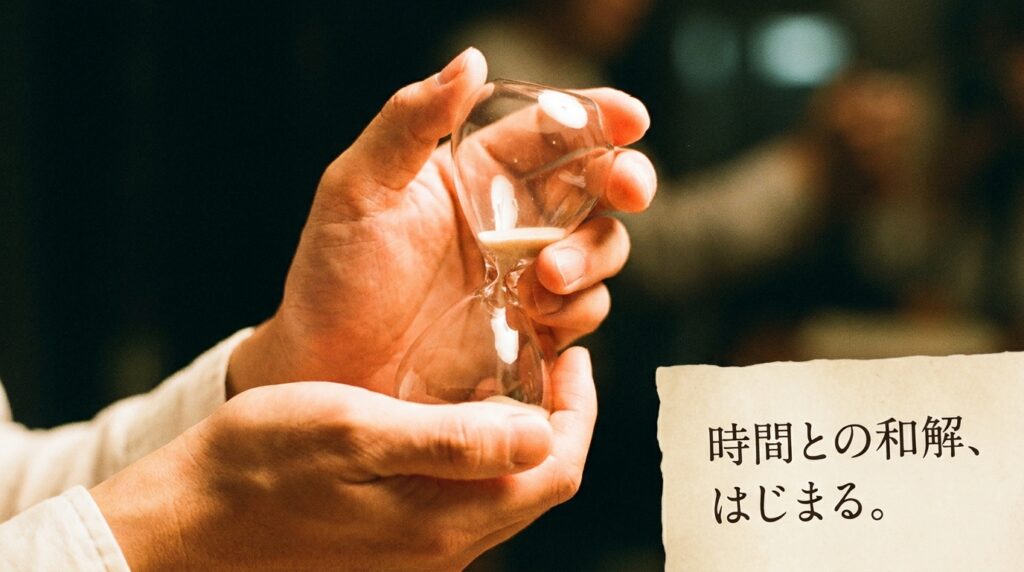 Hands gently hold a glass hourglass; a Japanese sign reads '時間との和解、はじまる。'
