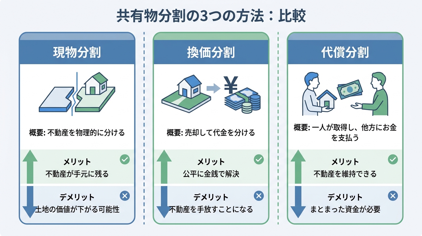 共有物分割の3つの方法「現物分割」「換価分割」「代償分割」のメリット・デメリットを比較した図解。