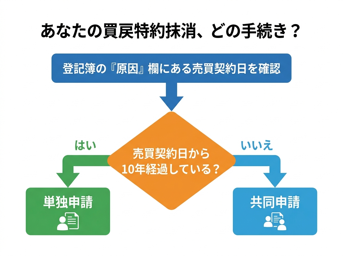 買戻特約抹消登記が単独申請か共同申請かを判断するためのフローチャート。「売買契約日から10年経過しているか」を基準に分岐している。