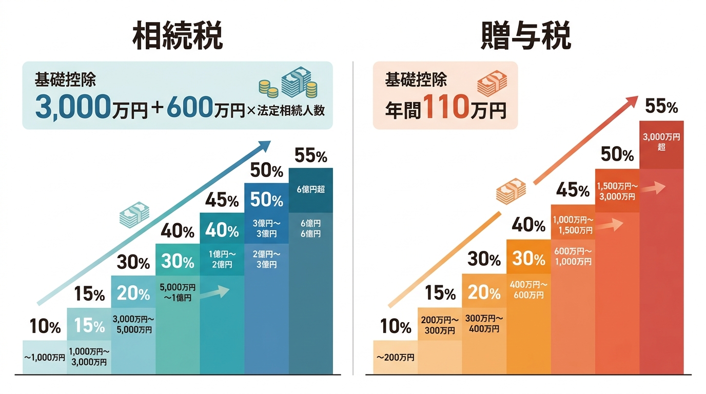 相続税と贈与税の税率と基礎控除額を比較した図解。相続税は基礎控除額が大きく税率が緩やか、贈与税は基礎控除額が小さく税率が急であることが示されている。