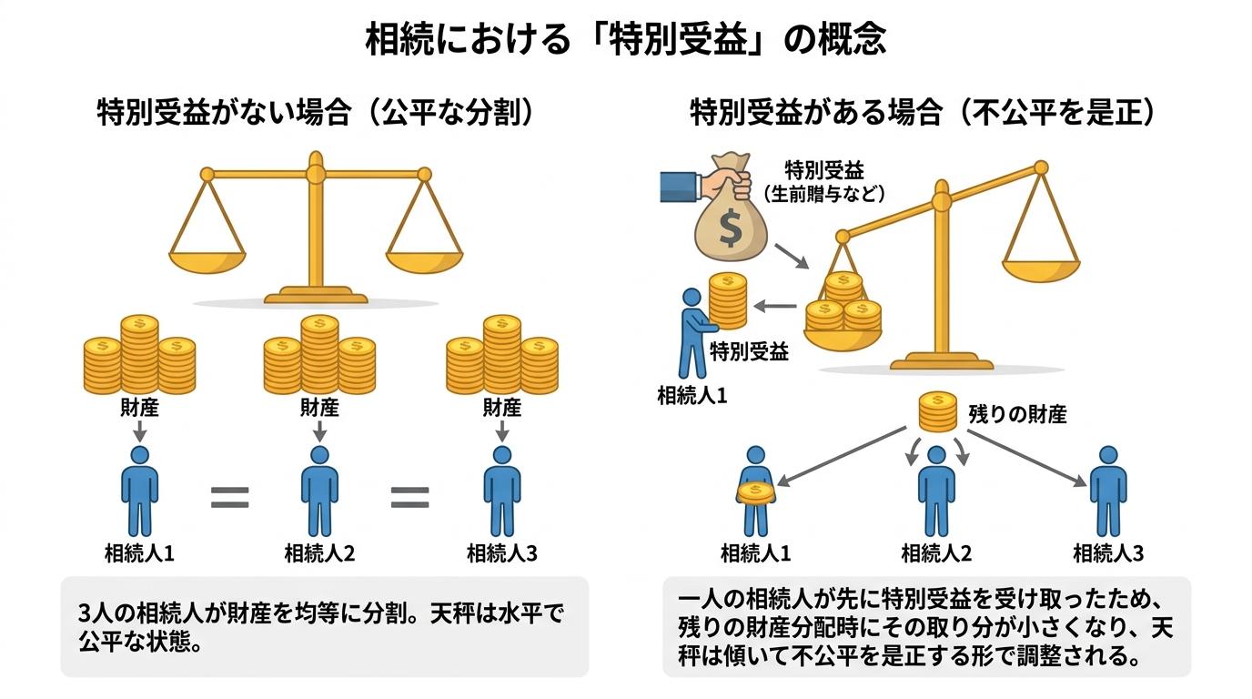 特別受益がある場合とない場合の相続分の違いを比較する図解。特別受益がない場合は相続人が均等に財産を分け、ある場合は生前贈与分を考慮して調整される様子が描かれている。