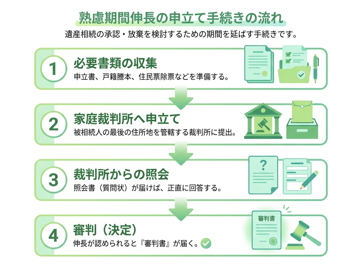 熟慮期間伸長の申立て手続きの流れを示したフローチャート。書類収集、裁判所への申立て、裁判所からの照会、審判という4つのステップを解説。