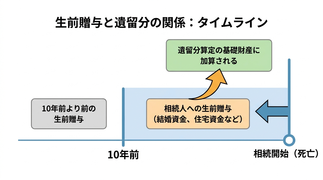 生前贈与が遺留分の対象となる10年ルールを解説する図解。相続開始前10年以内に行われた相続人への贈与は、遺留分算定の基礎財産に含まれることを示している。