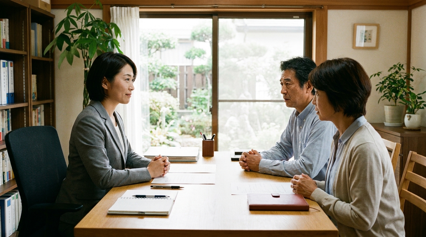 司法書士がクライアントからの相続相談に対応している様子。専門家が親身に話を聞き、問題解決をサポートする信頼感を表現している。