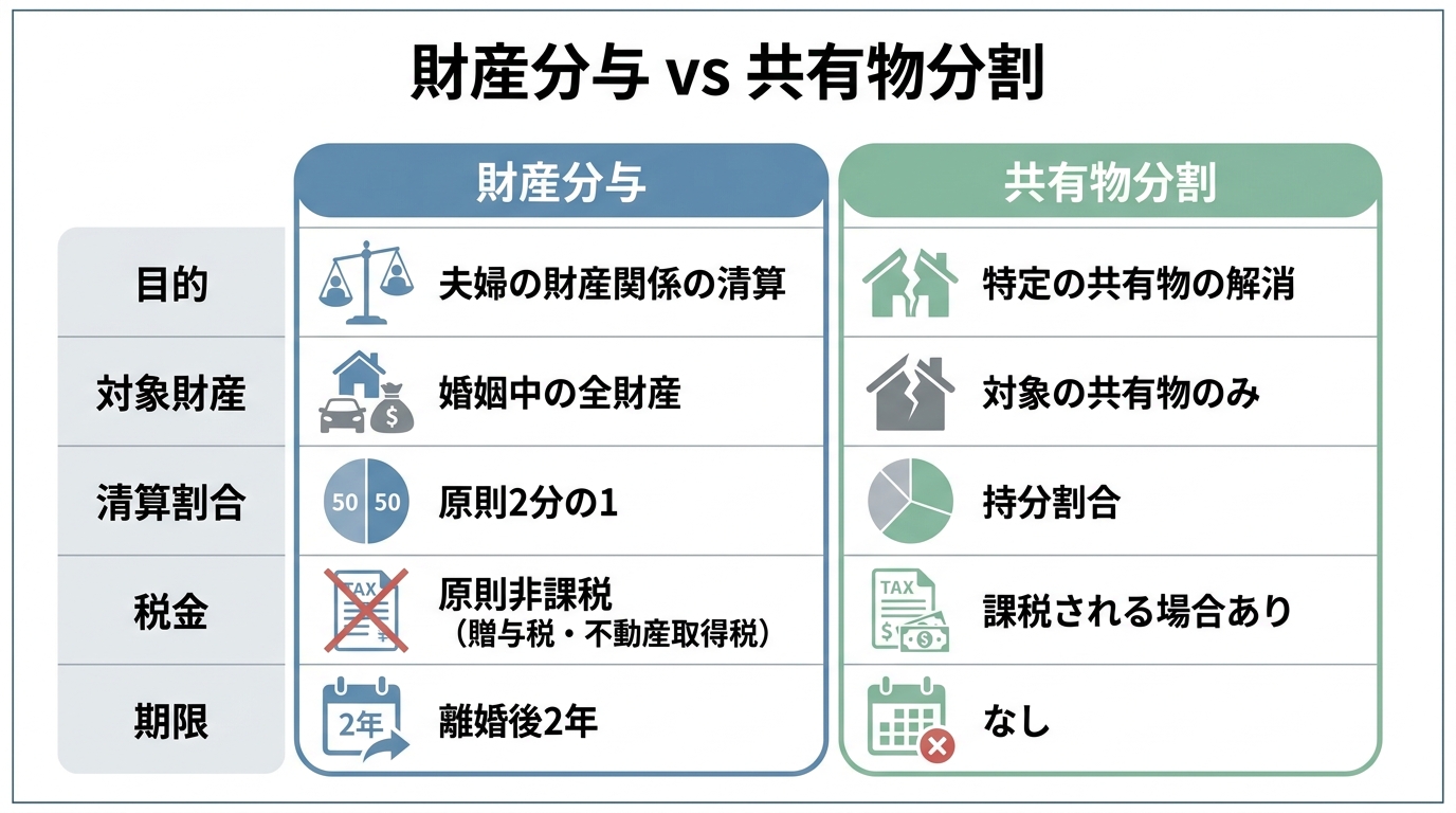 離婚時の財産分与と共有物分割の違いを比較した表。目的、対象財産、清算割合、税金、期限の5項目でそれぞれの特徴を解説している。