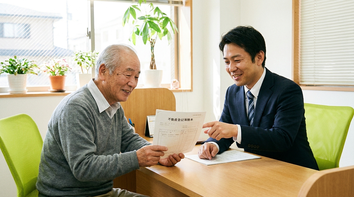 相続した不動産の買戻特約について、司法書士に相談している男性。専門家のアドバイスに安心している様子。