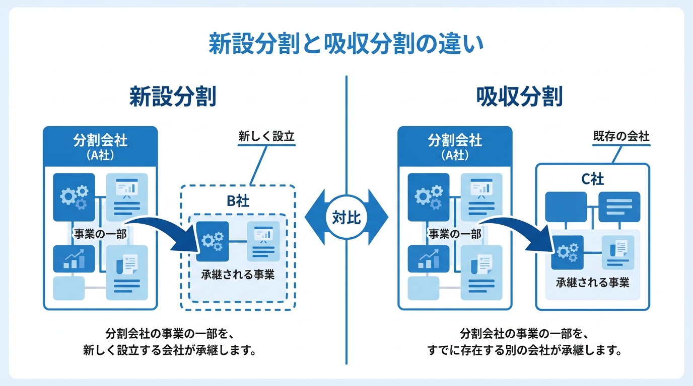 新設分割と吸収分割の違いを示した図解。新設分割は事業を新会社に承継させ、吸収分割は既存会社に承継させる違いを矢印で分かりやすく示している。