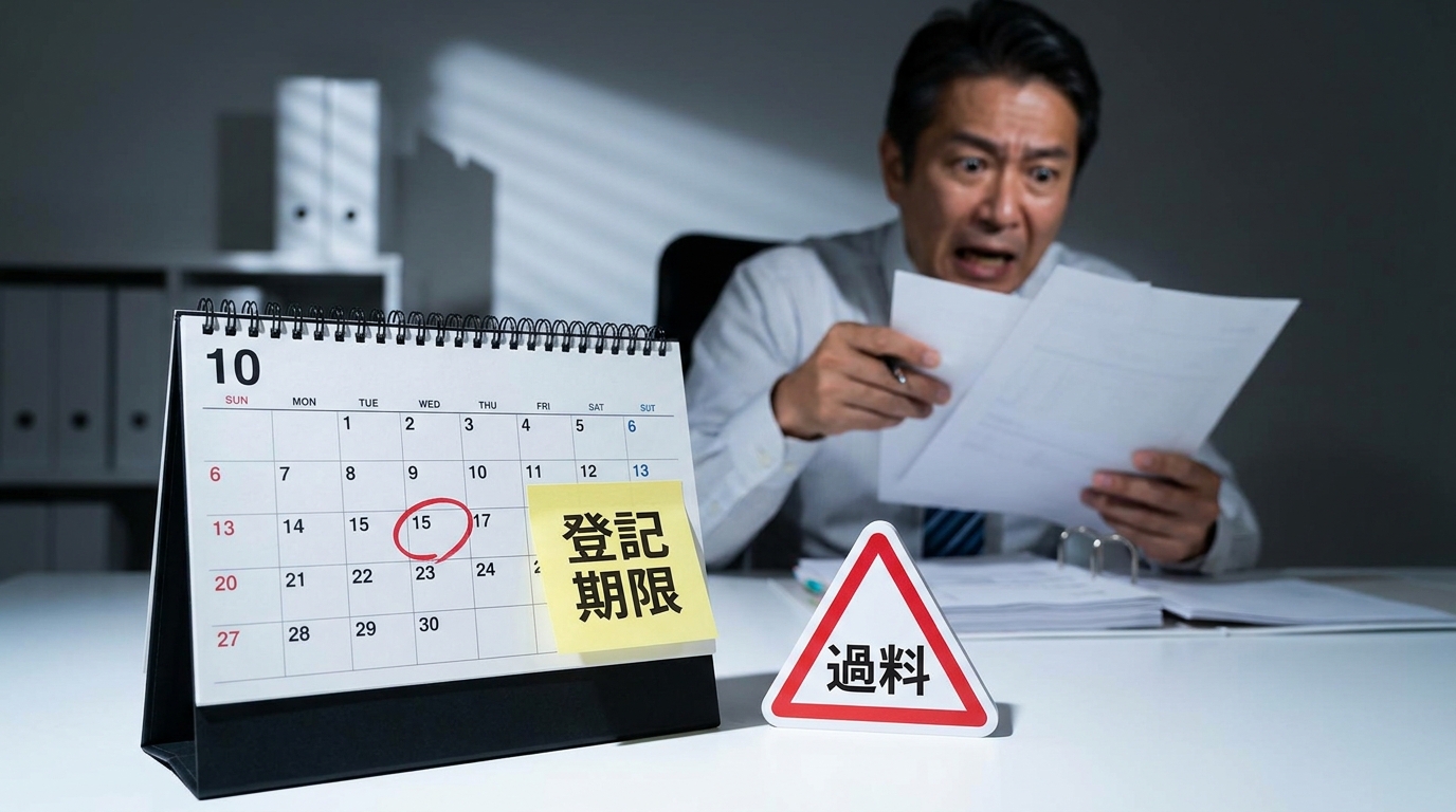 理事変更登記の期限と、それを過ぎた場合の過料（罰則）のリスクを象徴する画像。