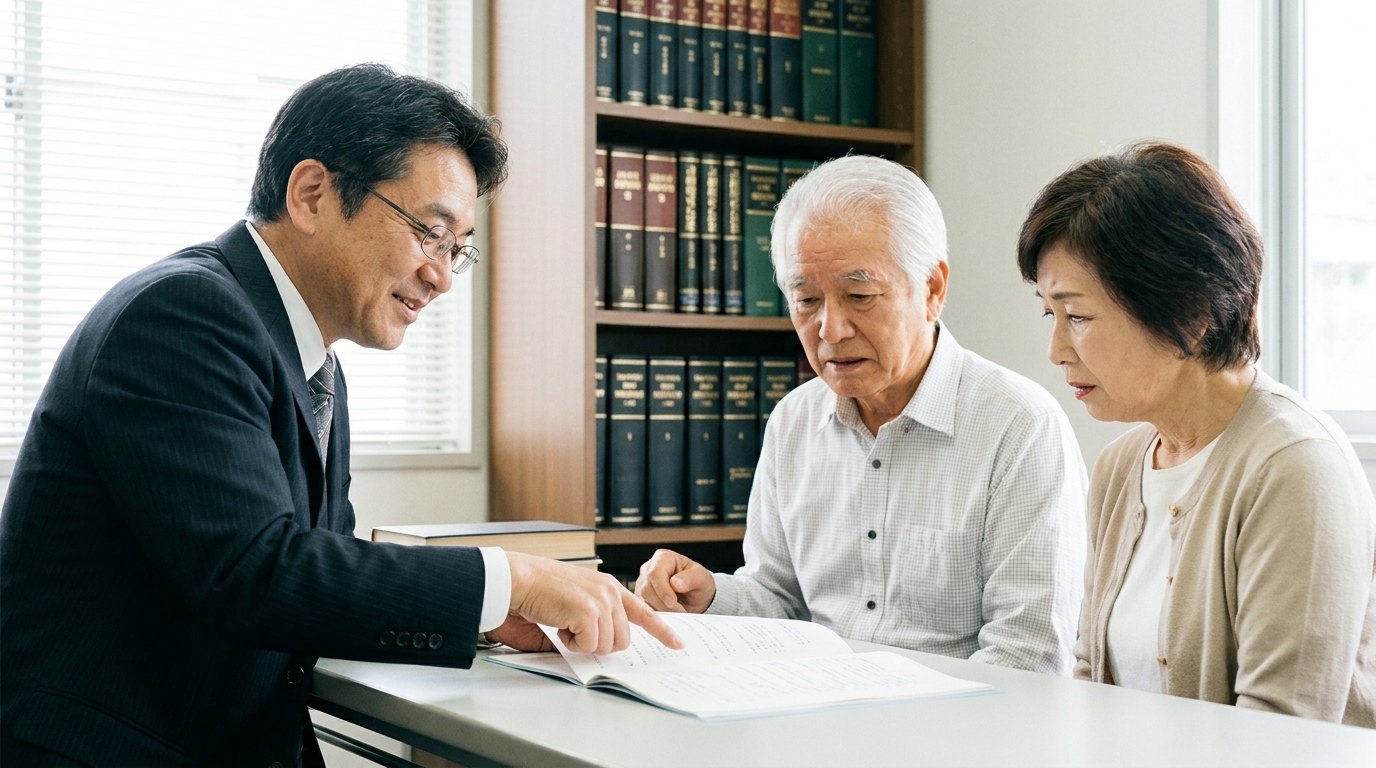 司法書士に遺言書の注意点について相談する老夫婦。専門家が書類を指差しながら丁寧に解説している。