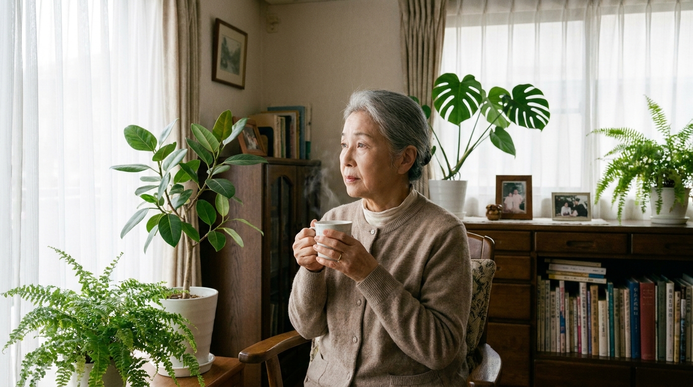将来の財産管理や生活に不安を感じている女性のイメージ。