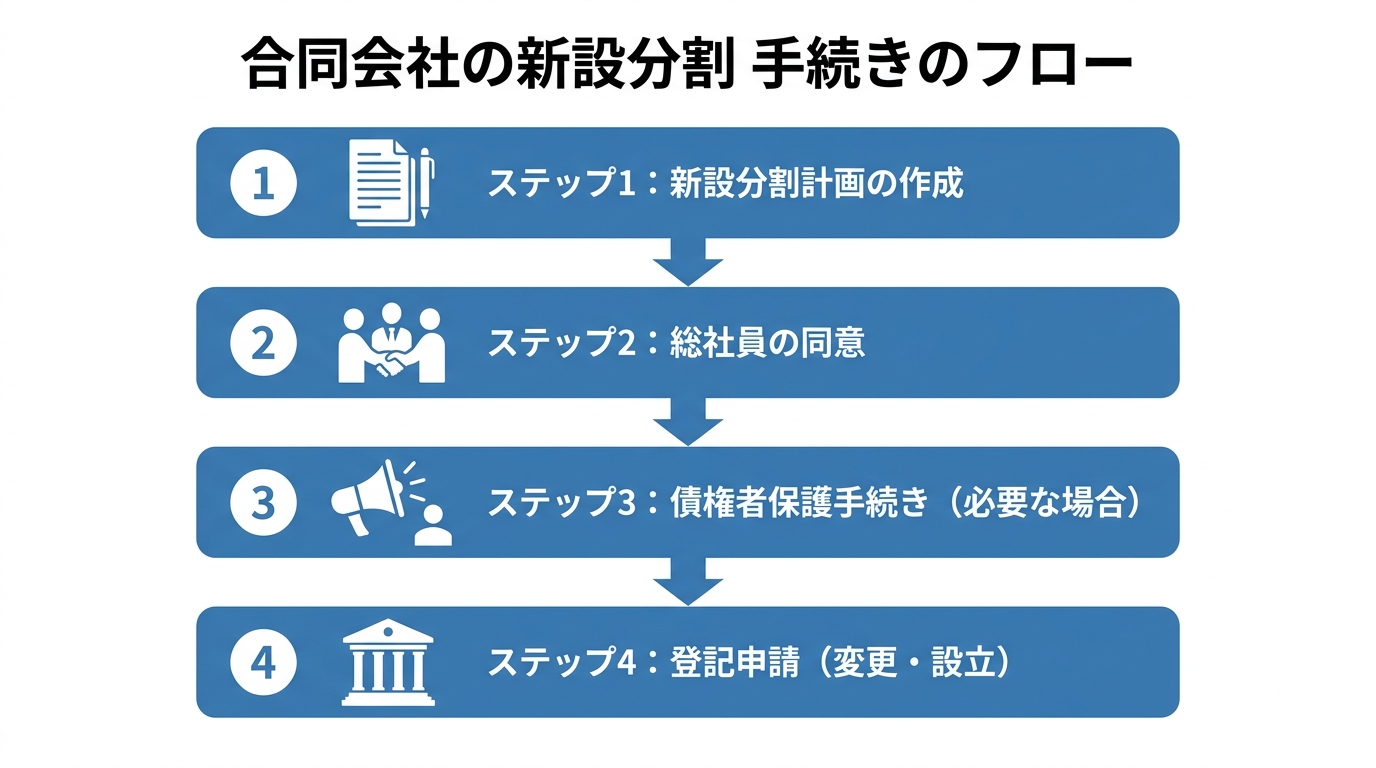 合同会社の新設分割手続きのフローチャート。ステップ1新設分割計画の作成、ステップ2総社員の同意、ステップ3債権者保護手続き、ステップ4登記申請の4段階を示している。