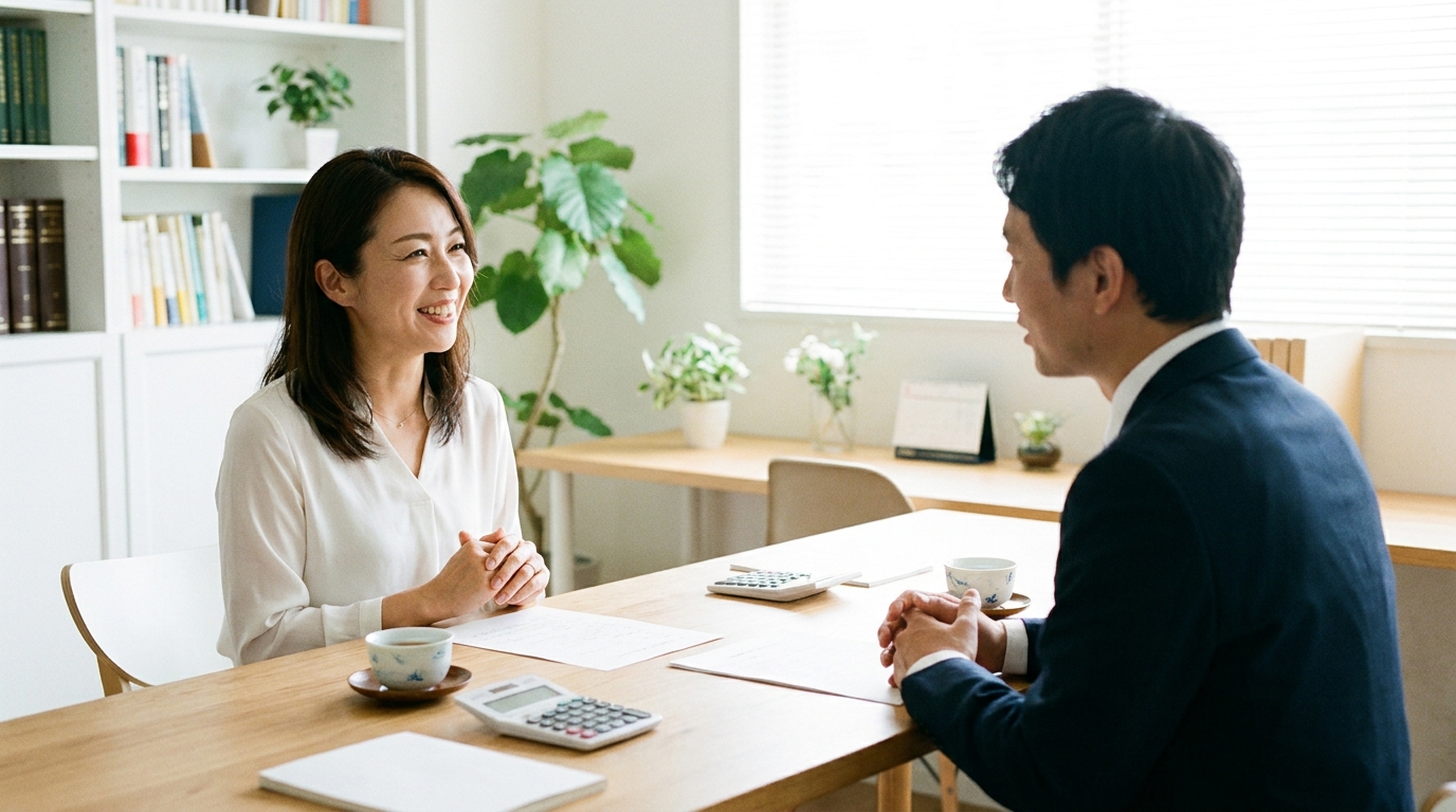 司法書士に成年後見制度の費用について相談し、安心した表情を浮かべる女性。