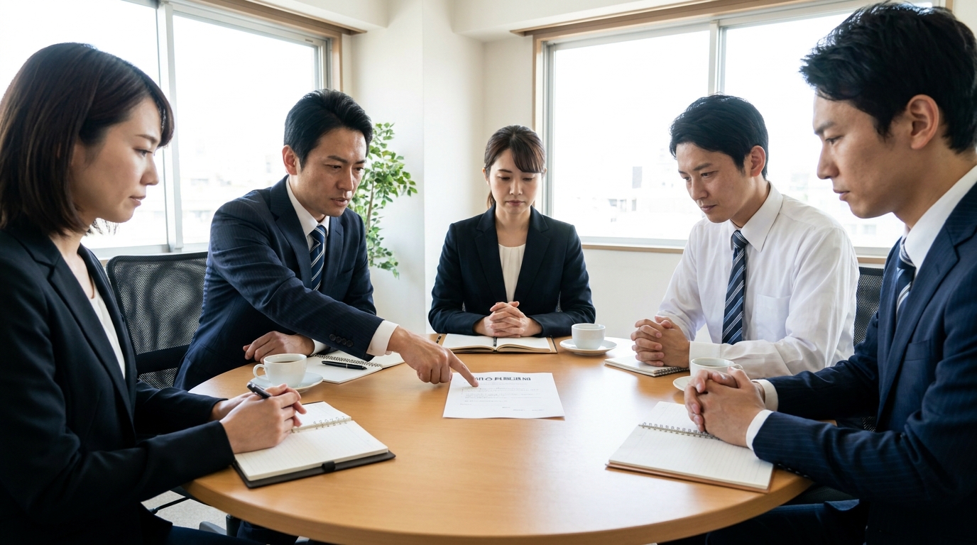 オフィスで数名のビジネスパーソンが円卓を囲み、組合員の脱退について真剣に話し合っている様子。手続きの重要性を示唆している。